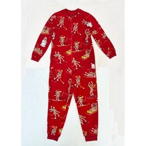 Sock Monkey Skiing Ice Skating Hockey One Piece Nick & Nora Red  Sledding Small